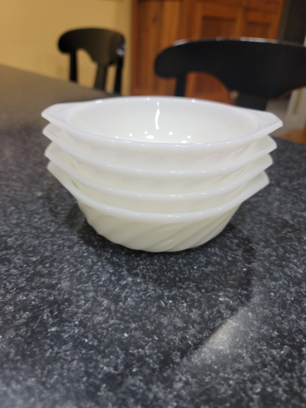 Vintage White Milk Fire King Pressed Glass Swirl Pattern Round Bowl Set of 4